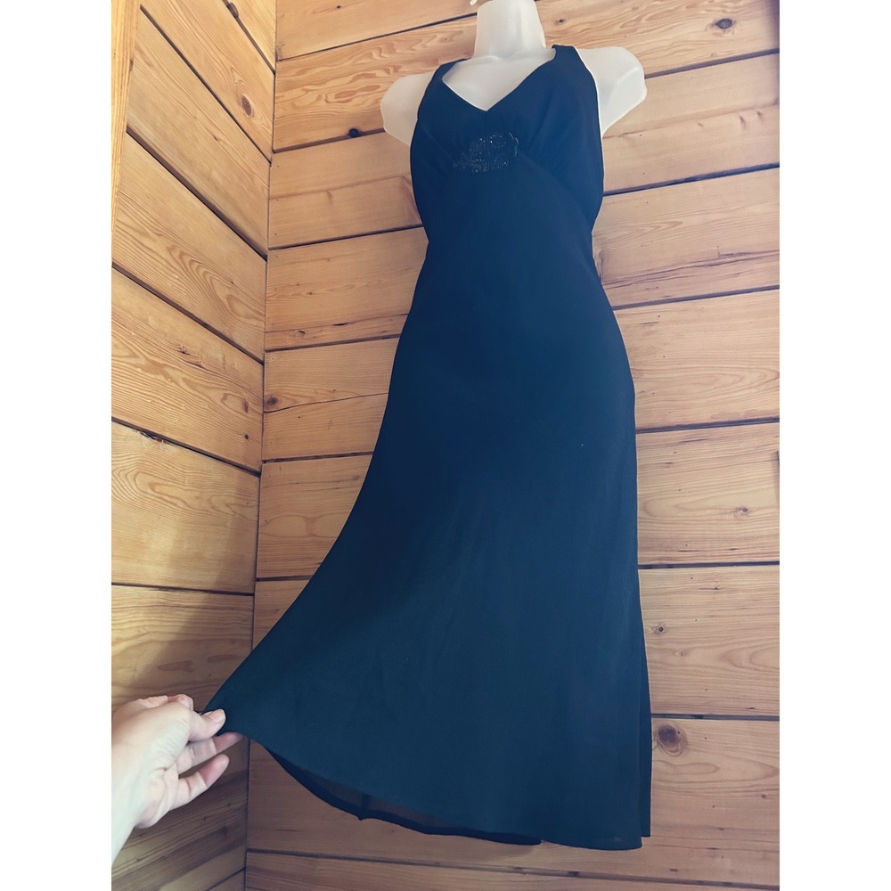 Vintage 90s Black Halter Midi Dress Sheer Overlay Beaded Detail Size 6 Friends - Picture 6 of 12